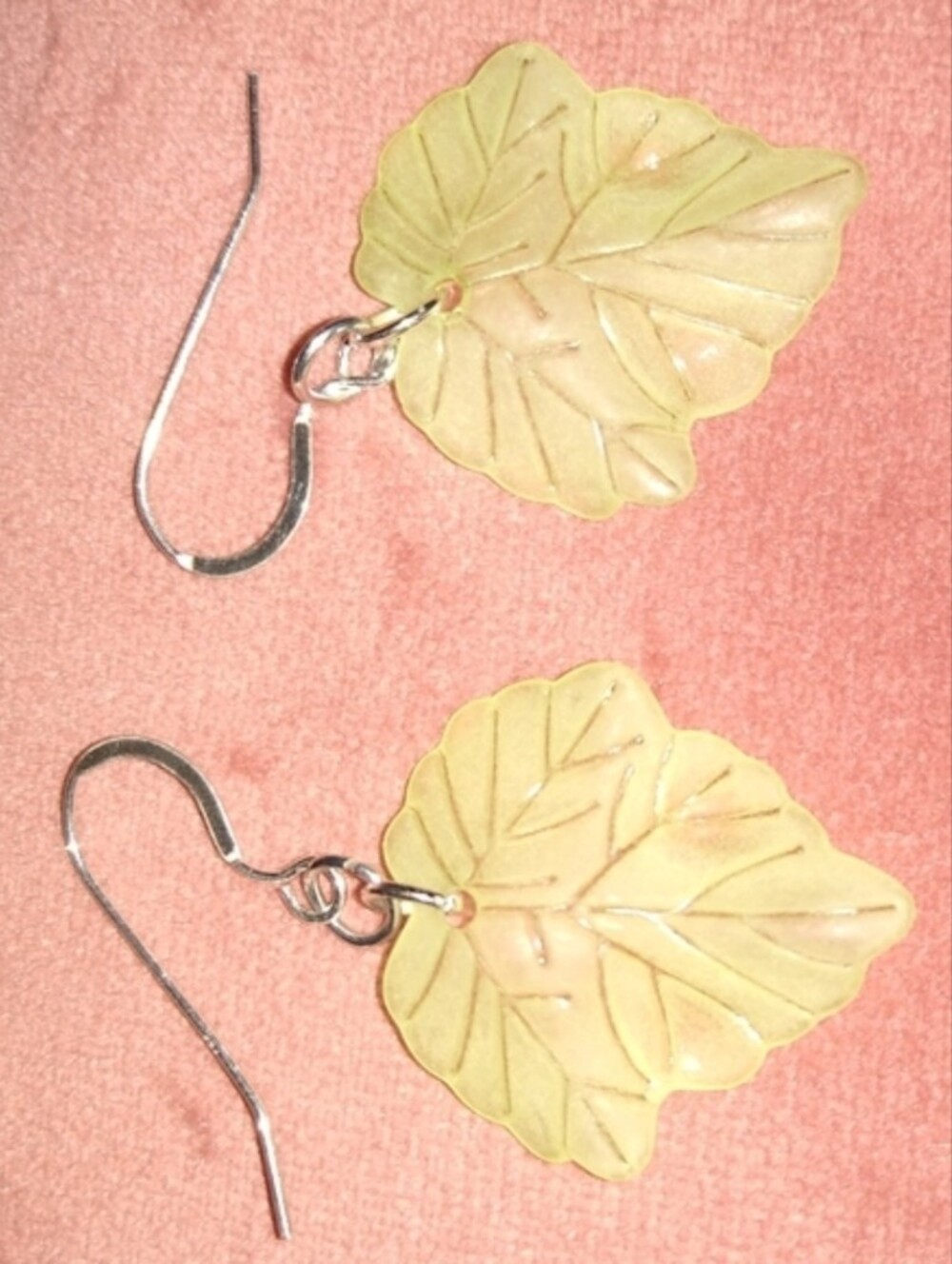 Solid 925 Sterling Silver Hooks Frosty Green Ivy Leaves Handmade Leaf Earrings